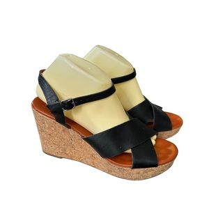 Lucky Brand Women's Black Leather Upper Strapped On Criss Cross Wedged Size 10m